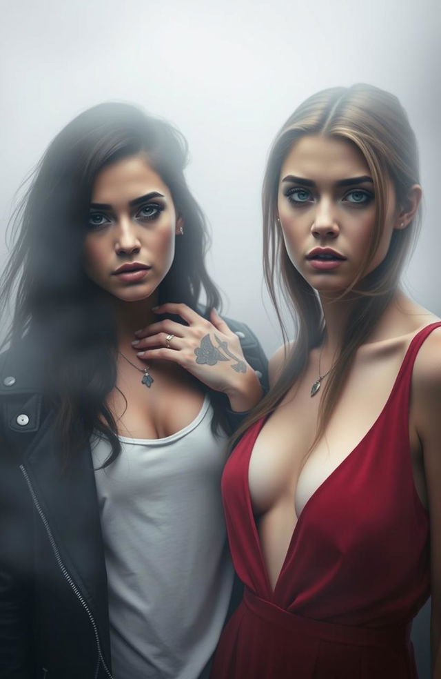 Two girls in a foggy atmosphere, one with dark hair, dark eyes, and fair skin adorned with tattoos, exuding a dark and edgy vibe