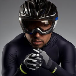 Cutting-edge cycling gear for a male bicyclist, including a state-of-the-art helmet, padded gloves, and a high-performance suit.