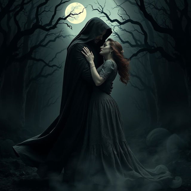 A dark romance scene featuring a passionate embrace between a mysterious figure in a flowing black cloak and a beautiful woman wearing an intricate, vintage dress