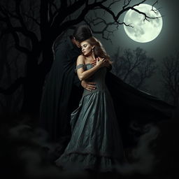 A dark romance scene featuring a passionate embrace between a mysterious figure in a flowing black cloak and a beautiful woman wearing an intricate, vintage dress