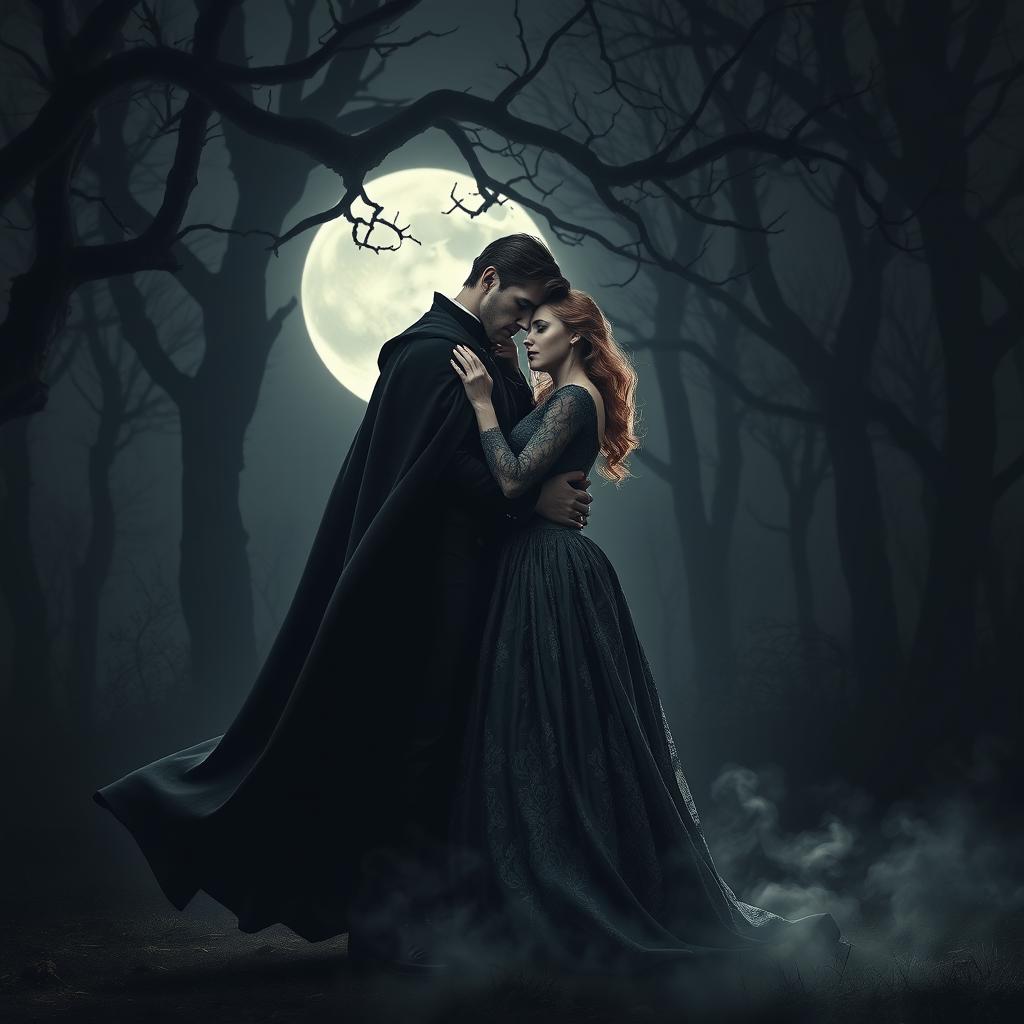 A dark romance scene featuring a passionate embrace between a mysterious figure in a flowing black cloak and a beautiful woman wearing an intricate, vintage dress