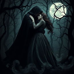 A dark romance scene featuring a passionate embrace between a mysterious figure in a flowing black cloak and a beautiful woman wearing an intricate, vintage dress