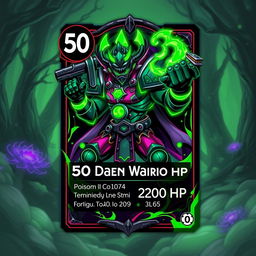 A vibrant and dynamic trading card design featuring a Poison Warrior character, showcasing features such as an intimidating stance, adorned with glowing green poison-themed armor, and wielding a toxic weapon