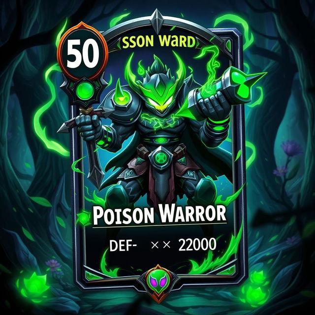 A vibrant and dynamic trading card design featuring a Poison Warrior character, showcasing features such as an intimidating stance, adorned with glowing green poison-themed armor, and wielding a toxic weapon