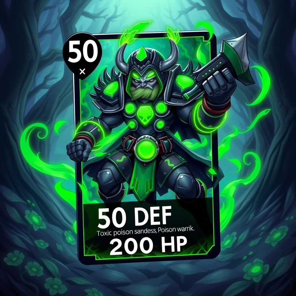 A vibrant and dynamic trading card design featuring a Poison Warrior character, showcasing features such as an intimidating stance, adorned with glowing green poison-themed armor, and wielding a toxic weapon