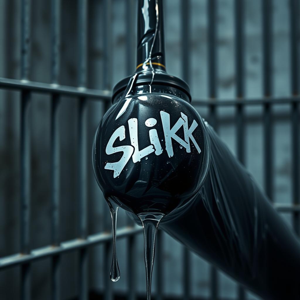 A close-up shot capturing a large black baseball bat wrapped in plastic, with clear oil streaming from a black lube container featuring a striking 'SLiKK' graffiti logo