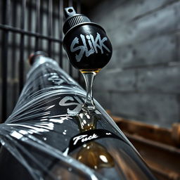 A close-up shot capturing a large black baseball bat wrapped in plastic, with clear oil streaming from a black lube container featuring a striking 'SLiKK' graffiti logo