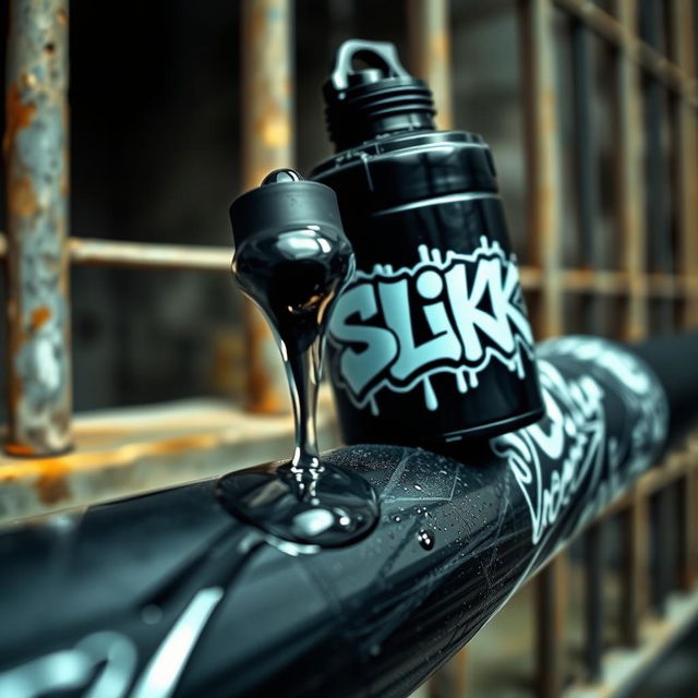 A close-up shot capturing a large black baseball bat wrapped in plastic, with clear oil streaming from a black lube container featuring a striking 'SLiKK' graffiti logo