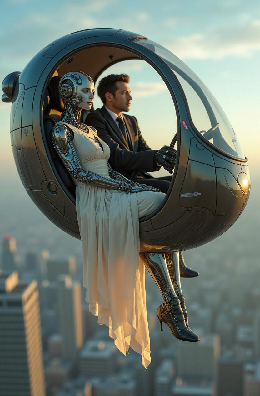 A futuristic scene featuring a humanoid robot in a sleek, elegant white dress, sitting in a futuristic vehicle with a male driver