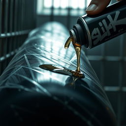 A close-up view of a large black baseball bat wrapped in clear plastic, with clear oil from a black lubricant container featuring a graffiti logo reading 'SLiKK'