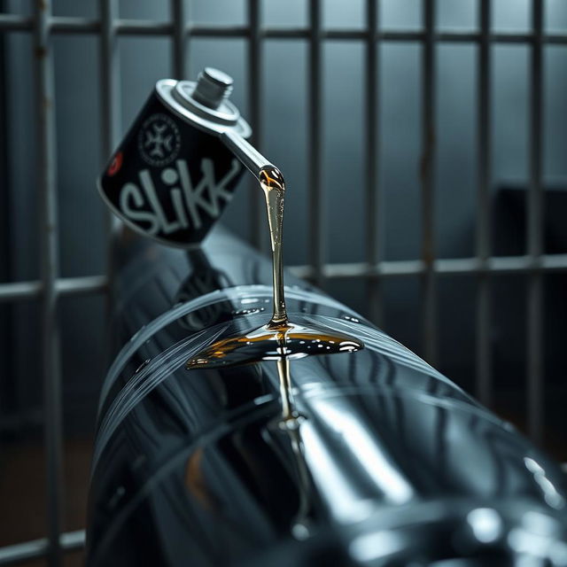 A close-up view of a large black baseball bat wrapped in clear plastic, with clear oil from a black lubricant container featuring a graffiti logo reading 'SLiKK'