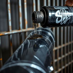 A close-up view of a large black baseball bat wrapped in clear plastic, with clear oil from a black lubricant container featuring a graffiti logo reading 'SLiKK'