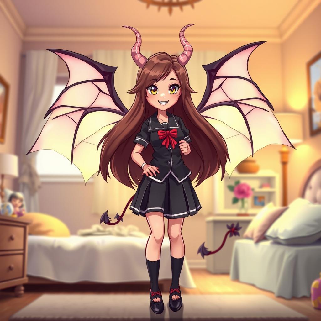 A beautiful cartoon succubus character wearing a stylish school uniform, standing in a bedroom with her enchanting wings spread wide