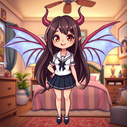 A beautiful cartoon succubus character wearing a stylish school uniform, standing in a bedroom with her enchanting wings spread wide