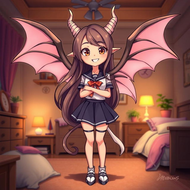 A beautiful cartoon succubus character wearing a stylish school uniform, standing in a bedroom with her enchanting wings spread wide