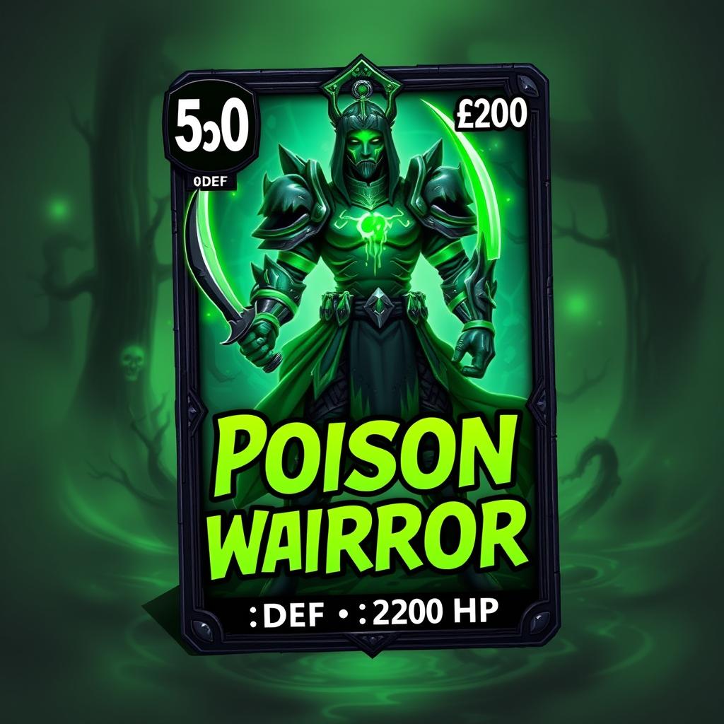 A striking trading card design featuring a Poison Warrior character, standing fiercely with an impressive posture