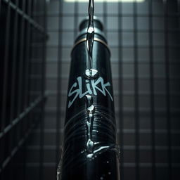 A close-up image of a large black baseball bat wrapped in clear plastic