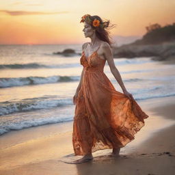 Full body side profile of a zombie woman in a tattered dirty old orange sundress with a beautiful flower headpiece on a beach, dress blowing in the wind, staring at a brilliant sunset. Detailed waves and shoreline using double exposure, in 36k resolution professional photography.