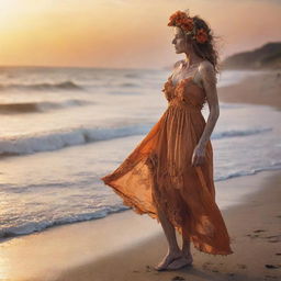 Full body side profile of a zombie woman in a tattered dirty old orange sundress with a beautiful flower headpiece on a beach, dress blowing in the wind, staring at a brilliant sunset. Detailed waves and shoreline using double exposure, in 36k resolution professional photography.