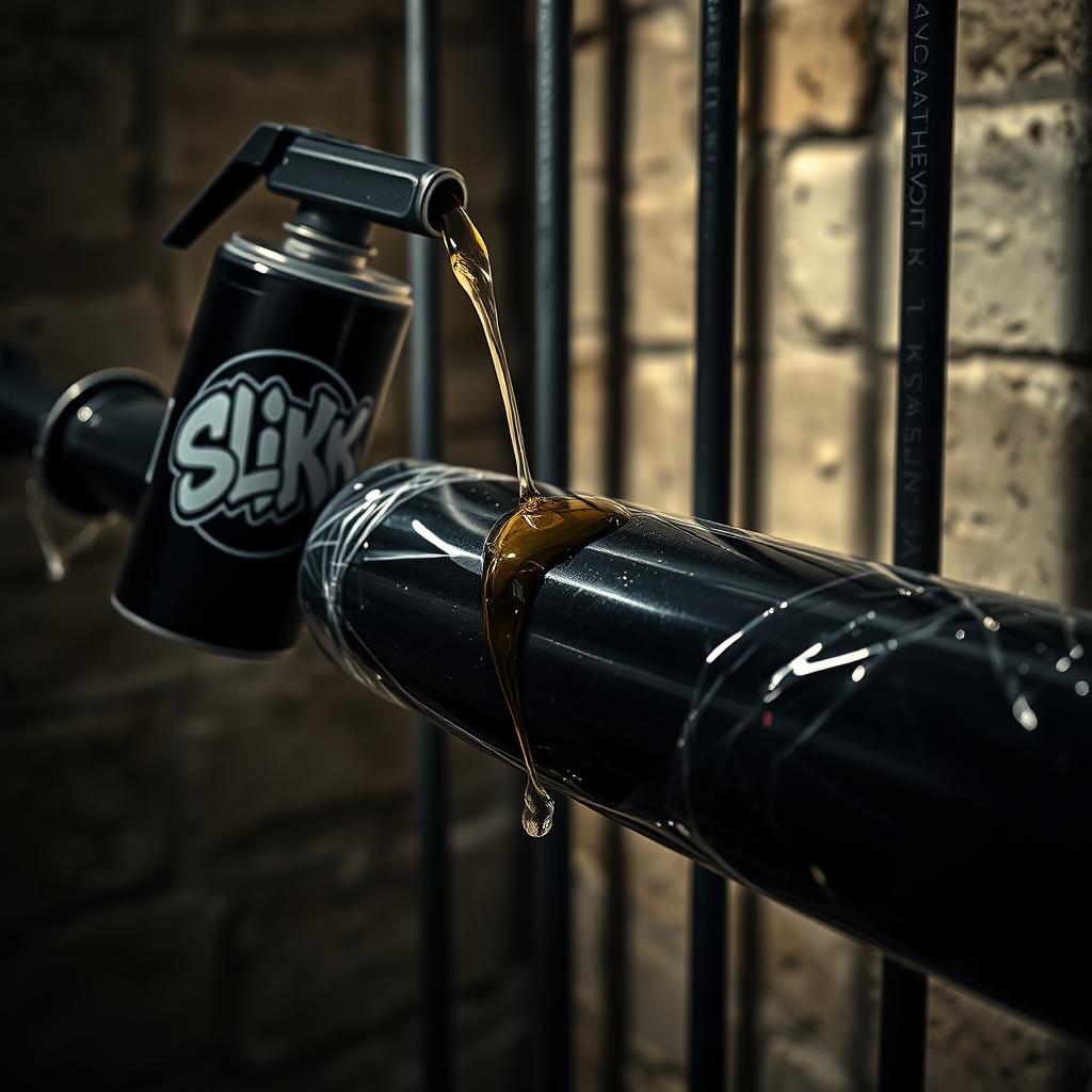 A close-up of a large black baseball bat wrapped in plastic, with clear oil from a black lubricant container featuring a graffiti logo that reads "SLiKK