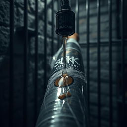 A close-up of a large black baseball bat wrapped in plastic, with clear oil from a black lubricant container featuring a graffiti logo that reads "SLiKK