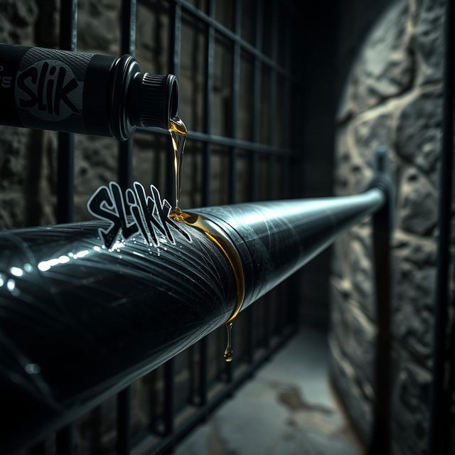 A close-up of a large black baseball bat wrapped in plastic, with clear oil from a black lubricant container featuring a graffiti logo that reads "SLiKK