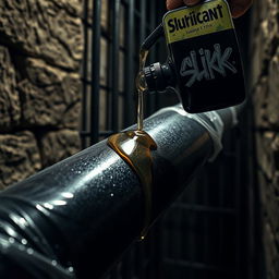 A close-up of a large black baseball bat wrapped in plastic, with clear oil from a black lubricant container featuring a graffiti logo that reads "SLiKK