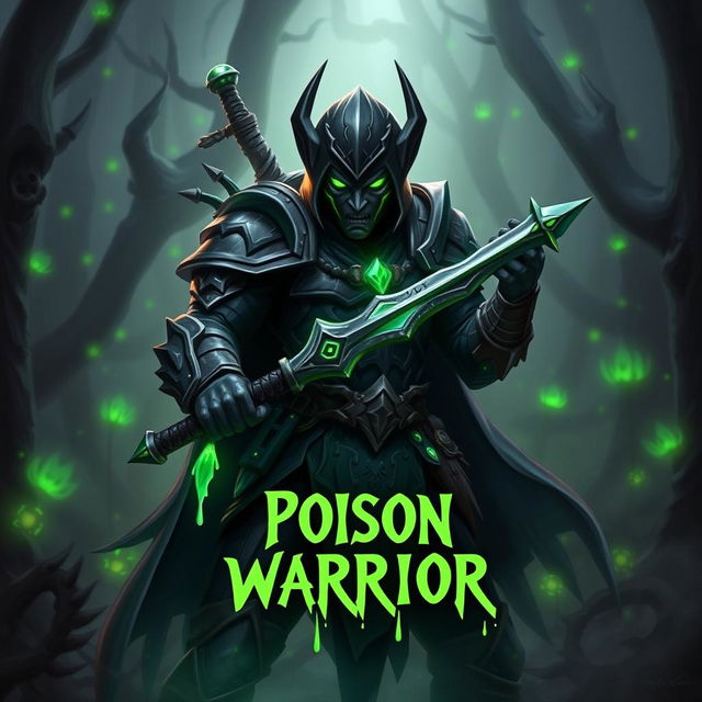 A captivating trading card design showcasing a Poison Warrior character, ready for action with an intense and fierce expression