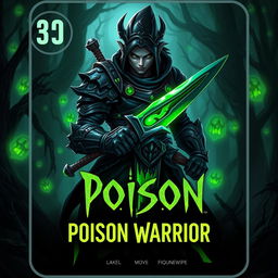 A captivating trading card design showcasing a Poison Warrior character, ready for action with an intense and fierce expression