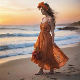 Full body side profile of a zombie woman in a tattered dirty old orange sundress with a beautiful flower headpiece on a beach, dress blowing in the wind, staring at a brilliant sunset. Detailed waves and shoreline using double exposure, in 36k resolution professional photography.