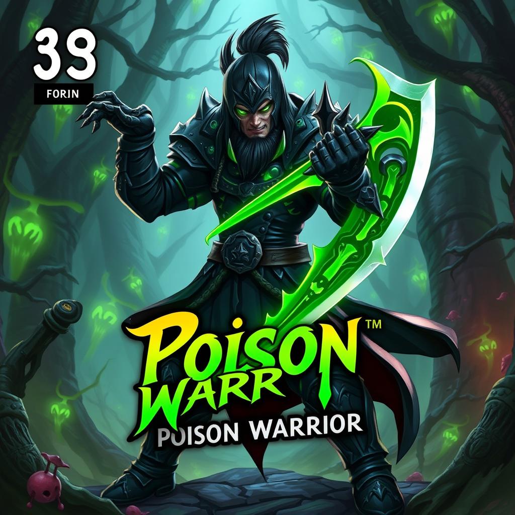 A captivating trading card design showcasing a Poison Warrior character, ready for action with an intense and fierce expression