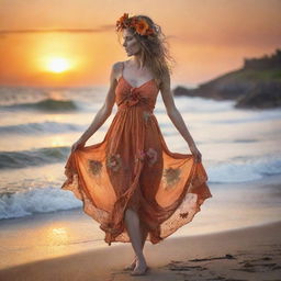 Full body side profile of a zombie woman in a tattered dirty old orange sundress with a beautiful flower headpiece on a beach, dress blowing in the wind, staring at a brilliant sunset. Detailed waves and shoreline using double exposure, in 36k resolution professional photography.