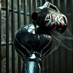 A close-up view of a large black baseball bat wrapped in clear plastic
