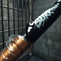 A close-up view of a large black baseball bat wrapped in clear plastic, with clear oil from a big black lube container pouring over it