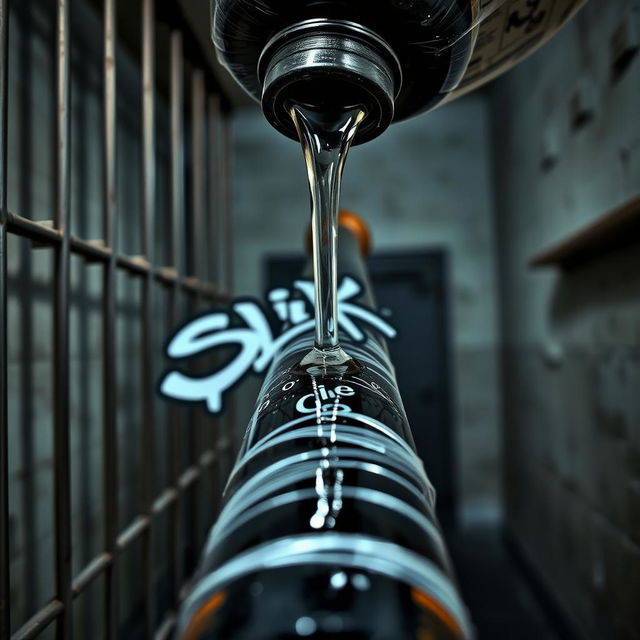 A close-up view of a large black baseball bat wrapped in clear plastic, with clear oil from a big black lube container pouring over it