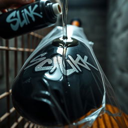 A close-up view of a large black baseball bat wrapped in clear plastic, with clear oil from a big black lube container pouring over it