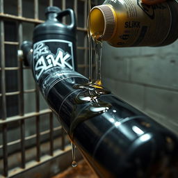 A close-up view of a large black baseball bat wrapped in clear plastic, with clear oil from a big black lube container pouring over it