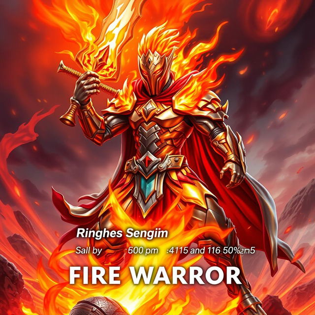 A captivating trading card design featuring a Metallic Fire Warrior character, brimming with energy and poised for action