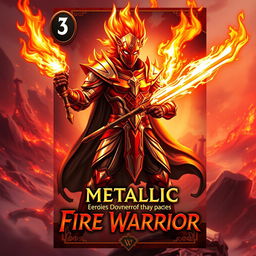 A captivating trading card design featuring a Metallic Fire Warrior character, brimming with energy and poised for action