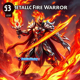 A captivating trading card design featuring a Metallic Fire Warrior character, brimming with energy and poised for action