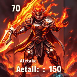 A captivating trading card design featuring a Metallic Fire Warrior character, poised for action with a fierce and determined expression
