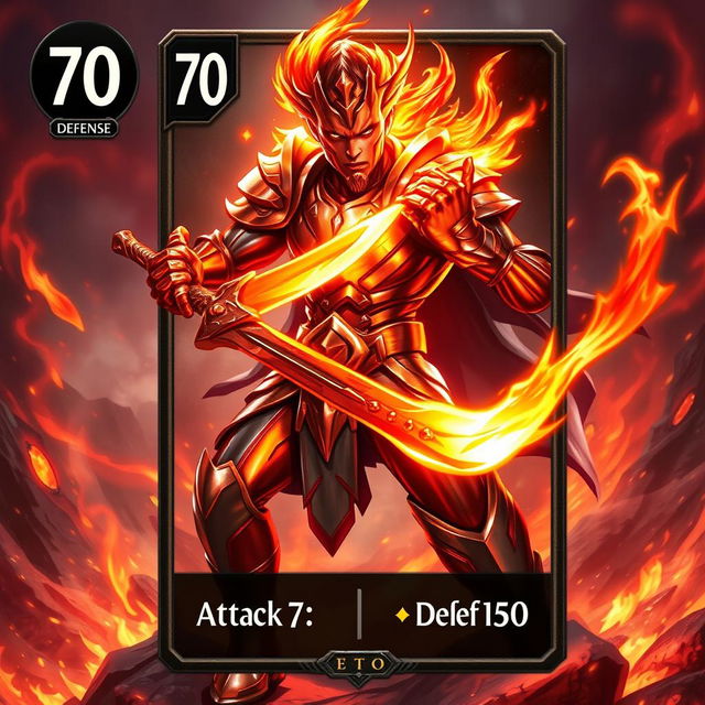 A captivating trading card design featuring a Metallic Fire Warrior character, poised for action with a fierce and determined expression