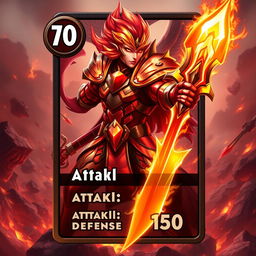 A captivating trading card design featuring a Metallic Fire Warrior character, poised for action with a fierce and determined expression
