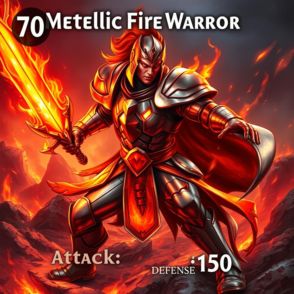 A captivating trading card design featuring a Metallic Fire Warrior character, poised for action with a fierce and determined expression