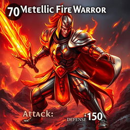 A captivating trading card design featuring a Metallic Fire Warrior character, poised for action with a fierce and determined expression