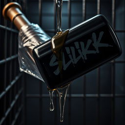 A close-up of a large black baseball bat wrapped in clear plastic, positioned in a dimly lit prison cell