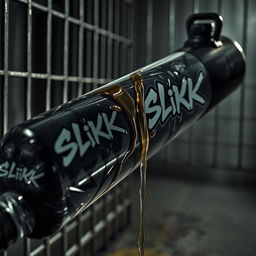A close-up of a large black baseball bat wrapped in clear plastic, positioned in a dimly lit prison cell