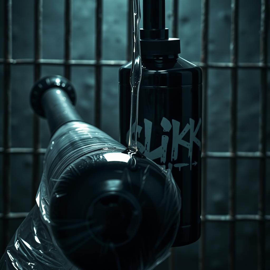 A close-up of a large black baseball bat wrapped in clear plastic, positioned in a dimly lit prison cell