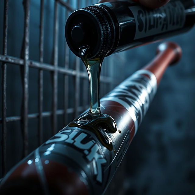 A close-up of a large black baseball bat wrapped in clear plastic, positioned in a dimly lit prison cell