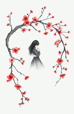 A delicate, hand-drawn design showcasing intertwined cherry blossom branches, symbolizing the forbidden love between two characters named Joon-Hyuk and Siya